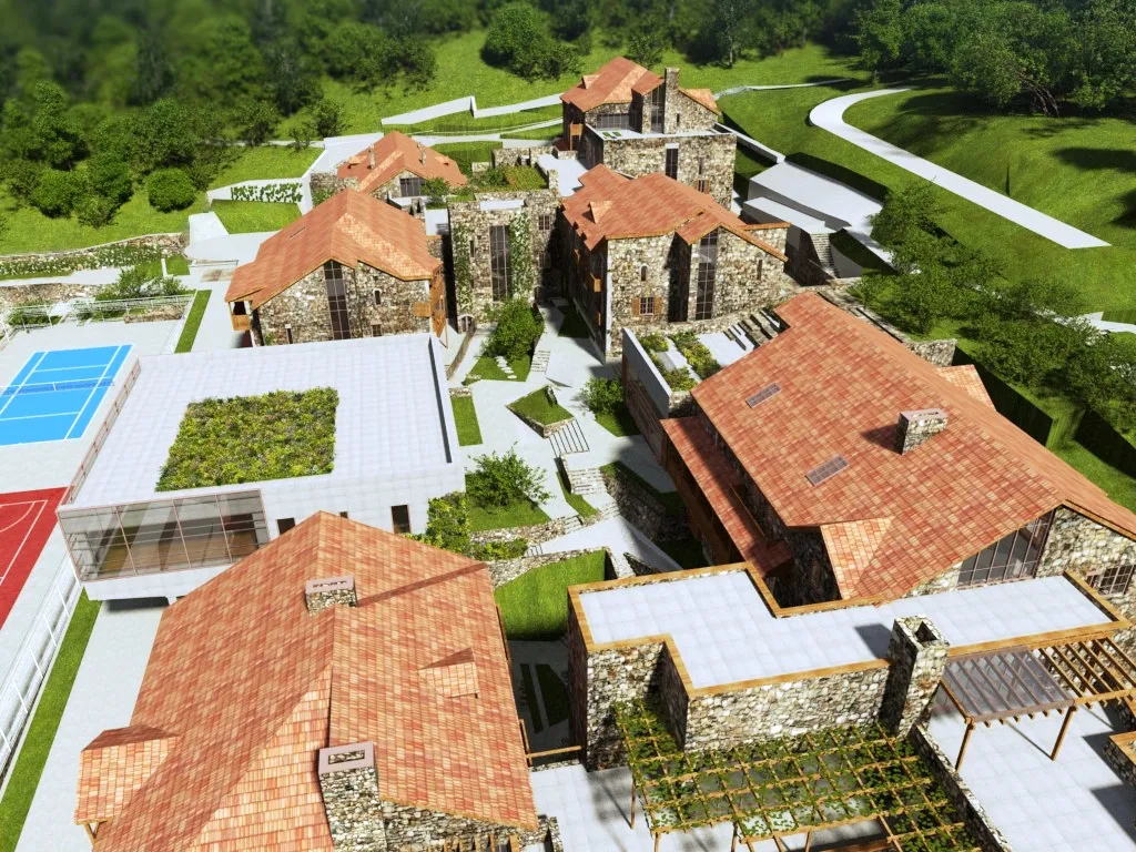 An aerial view of the UWC Dilijan school buildings